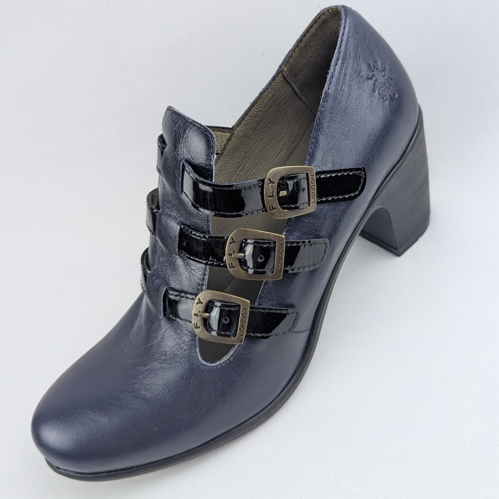 FLY London Kacy Ankle Boot Leather Buckle Straps Navy Black EU41 US 10-10.5 NWT - Picture 10 of 16